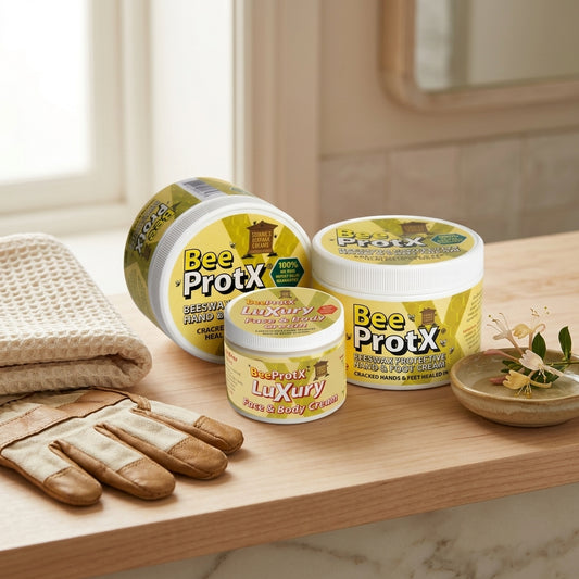 Three jars of BeeProtX skincare products arranged on a wooden countertop with a folded towel, gloves, and a small dish in a bright bathroom-like setting. The products include 2 tubs of beeswax hand and foot cream and a tub of luxury face & body cream.