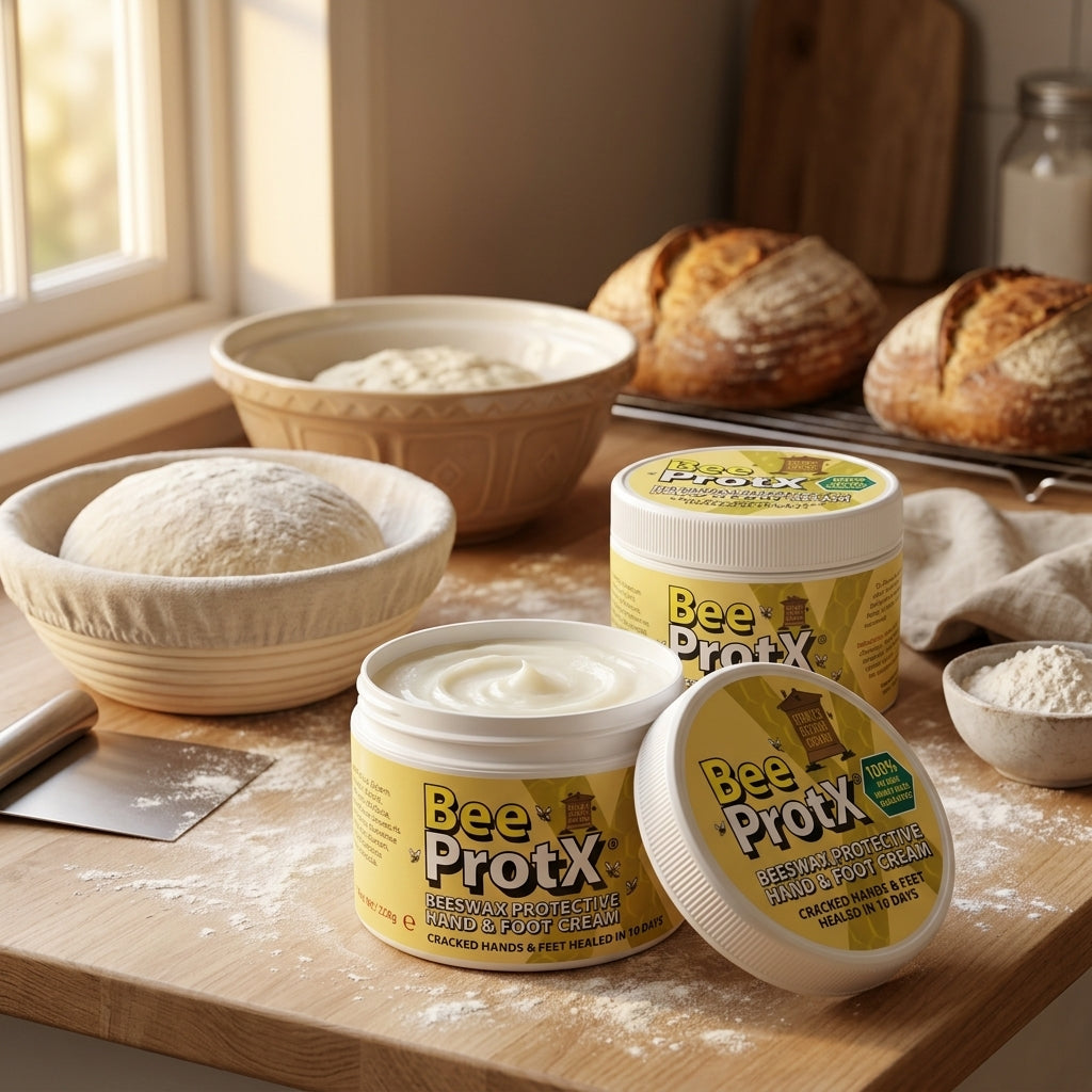 Three jars of BeeProtX Beeswax Protective Hand & Foot Cream are arranged on a wooden countertop with bowls of flour and dough, bread loaves in the background, and a window on the left.