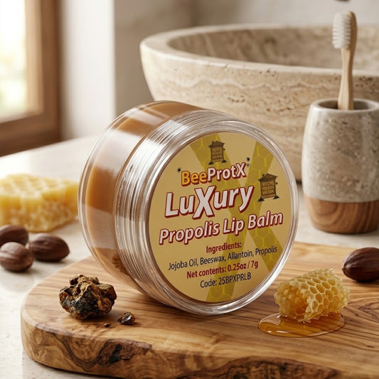 A jar of BeeProtX Luxury Propolis Lip Balm sits on a wooden cutting board with honeycomb, beeswax, and propolis pieces in a warm, rustic bathroom setting.