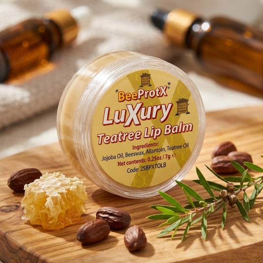 A round jar of BeeProtX Luxury Tea tree Lip Balm sits on a wooden board with honeycomb, almonds, and green tea tree leaves, with blurred amber bottles in the background.