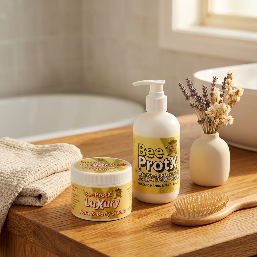 BeeProtX Luxury Face & Body Cream tub and Hand & Foot Cream pump bottle displayed on a wooden bathroom counter next to a towel, hairbrush, and vase with dried lavender.