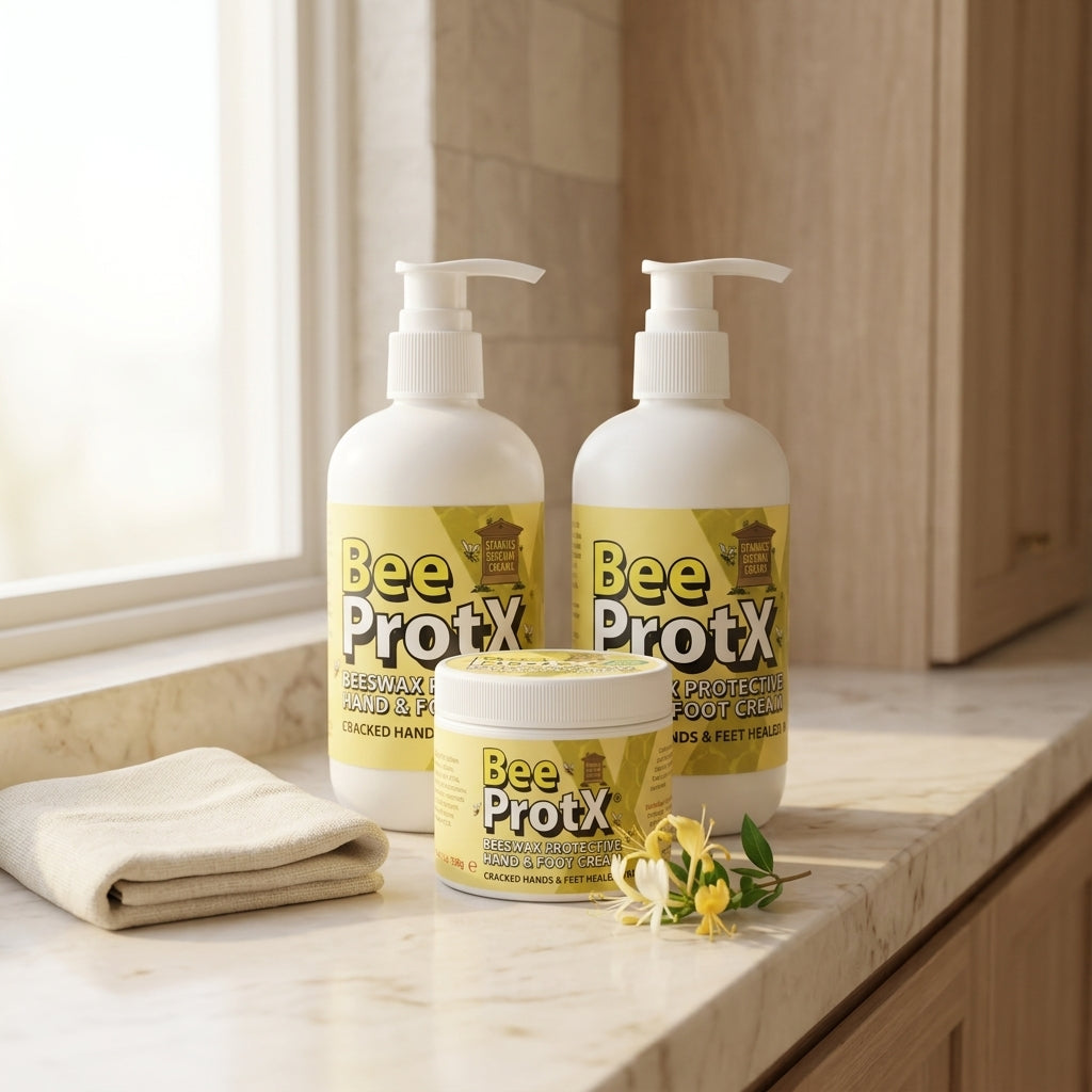 Three BeeProtX hand and foot care products arranged on a marble countertop near a window: two large white pump bottles and one smaller white tub with yellow labels, plus a folded beige towel and small yellow flowers.