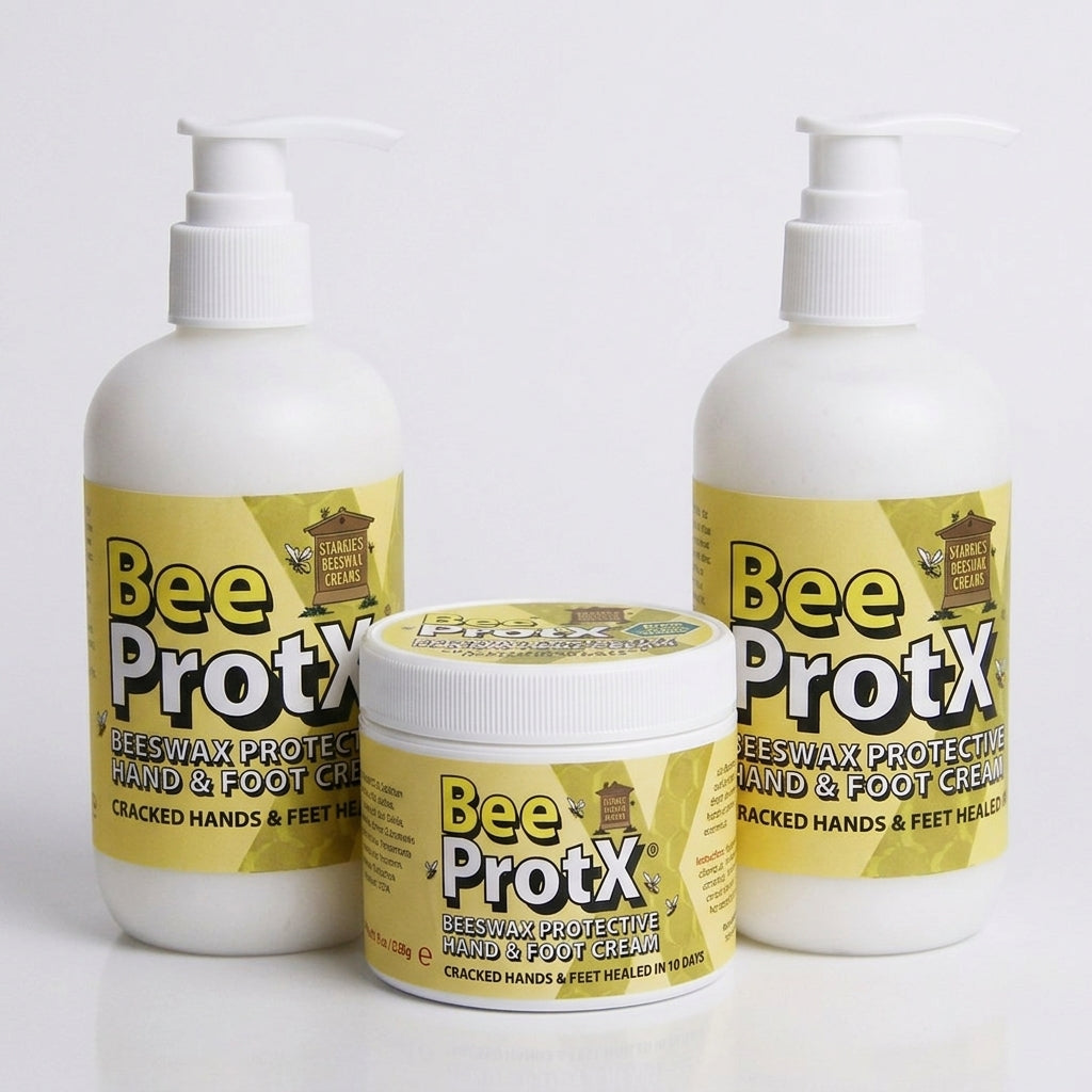 Two white pump bottles and one white tub of BeeProtX Beeswax Protective Hand & Foot Cream arranged on a clean white background.