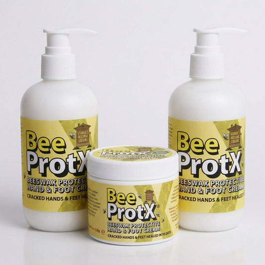 Two white pump bottles and one white tub of BeeProtX Beeswax Protective Hand & Foot Cream arranged on a clean white background.