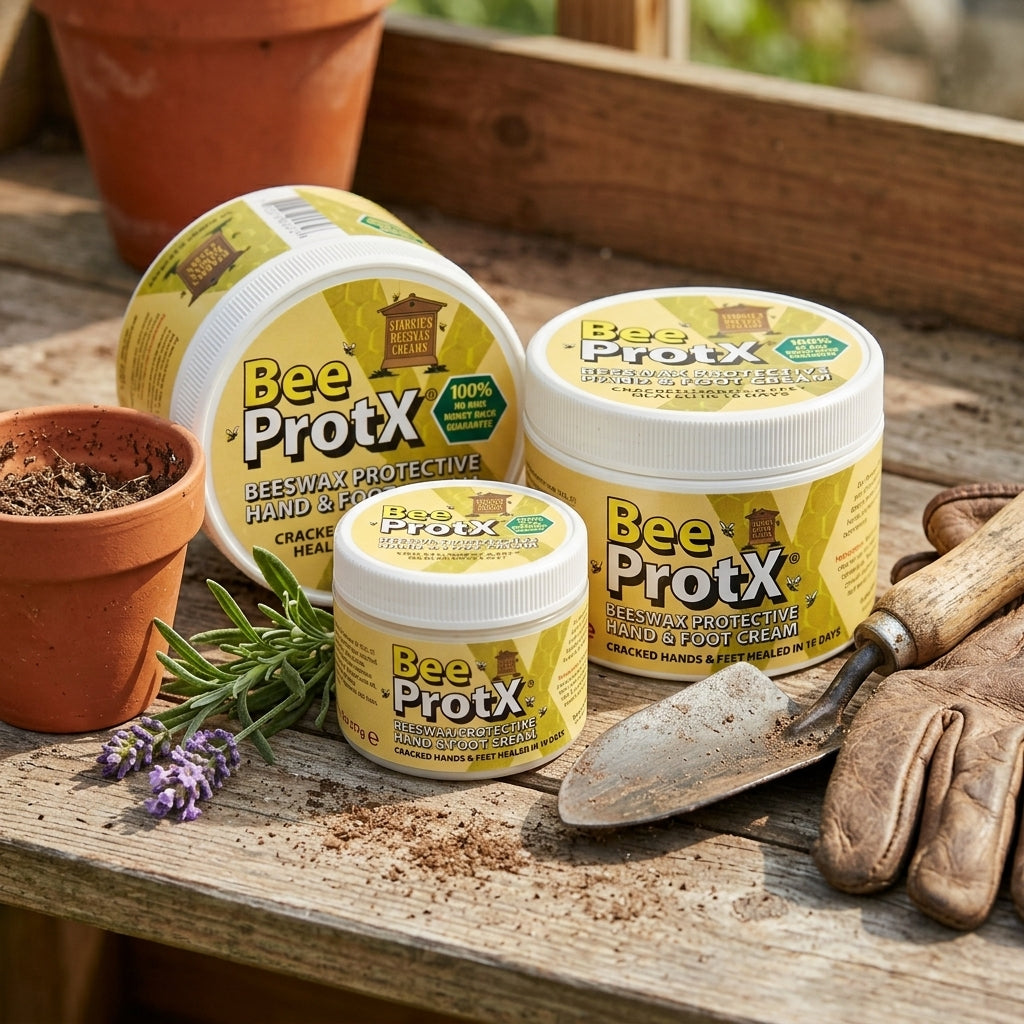 Three tubs of BeeProtX Beeswax Protective Hand & Foot Cream arranged on a rustic wooden table with gardening props including a terracotta pot, trowel, gloves, and lavender.