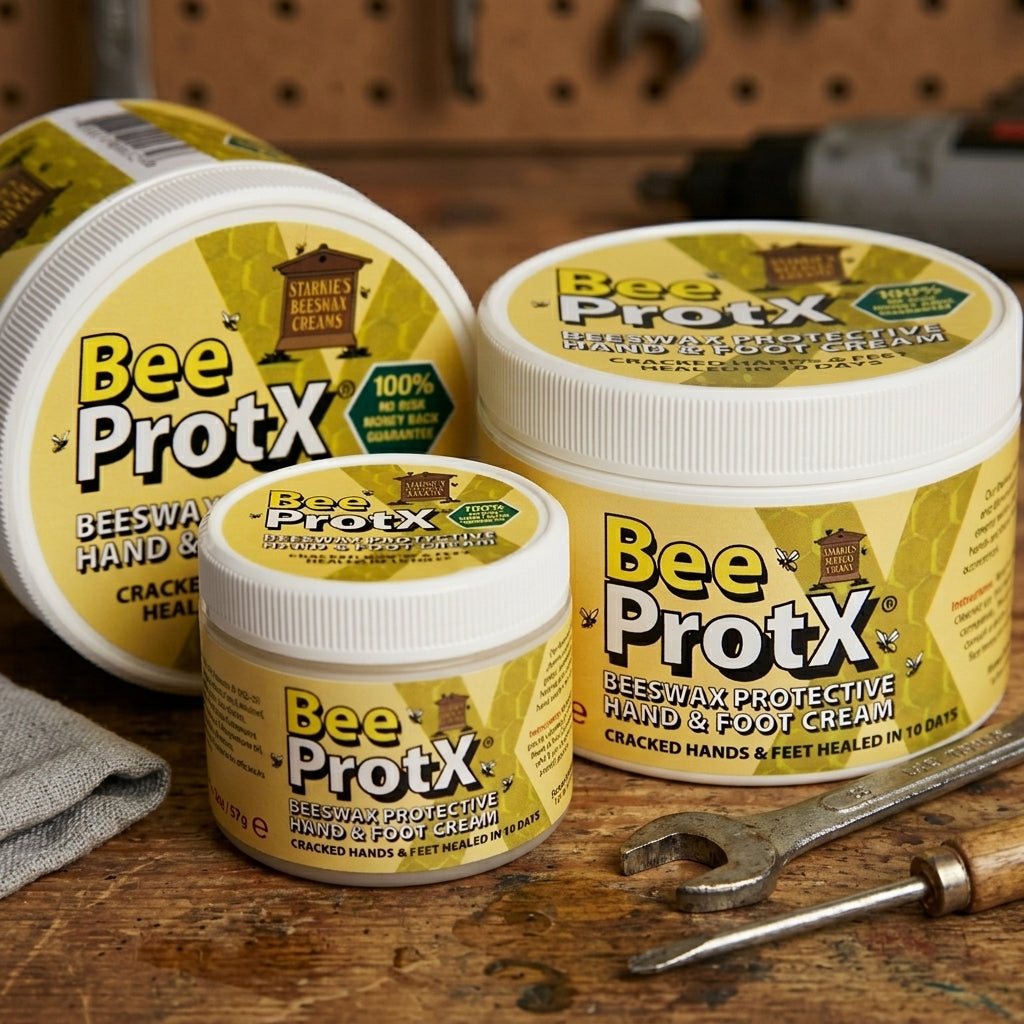 Three tubs of BeeProtX Beeswax Protective Hand & Foot Cream arranged on a rustic wooden workbench with a wrench and cloth, showing the product packaging in a workshop-like setting.