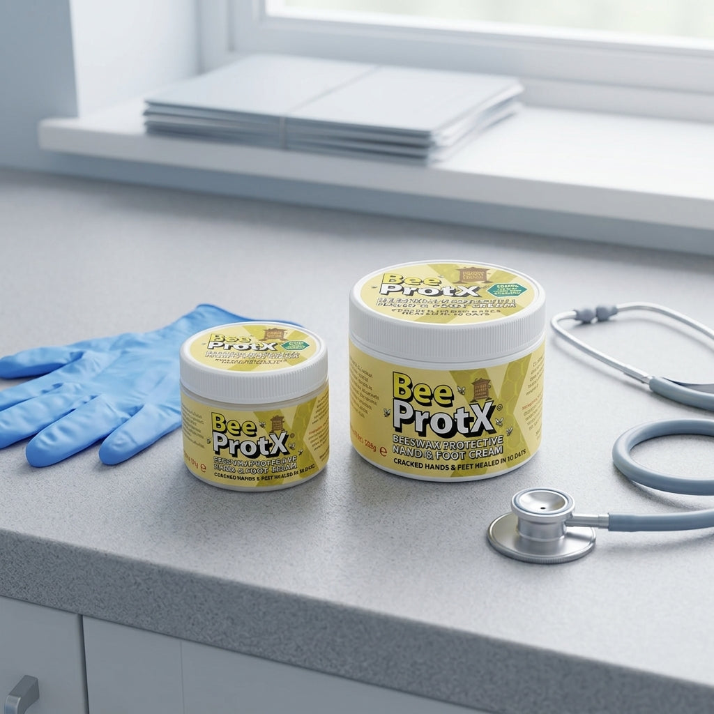 Two tubs of BeeProtX beeswax hand cream and a blue nitrile glove on a gray clinical counter next to a stethoscope, with a window in the background.
