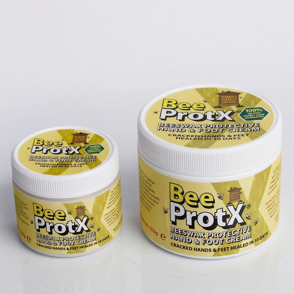 Two tubs of BeeProtX Beeswax Protective Hand & Foot Cream shown on a clean white background, with one small jar and one larger jar displaying the product packaging.