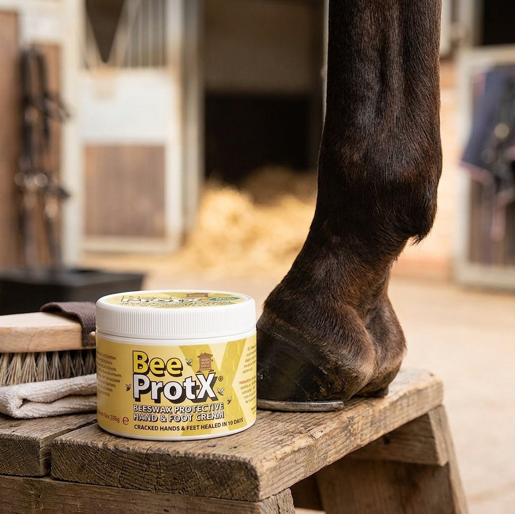 A jar of BeeProtX Hand & Foot Cream sits on a wooden stable bench next to a horse's leg in a stable setting.