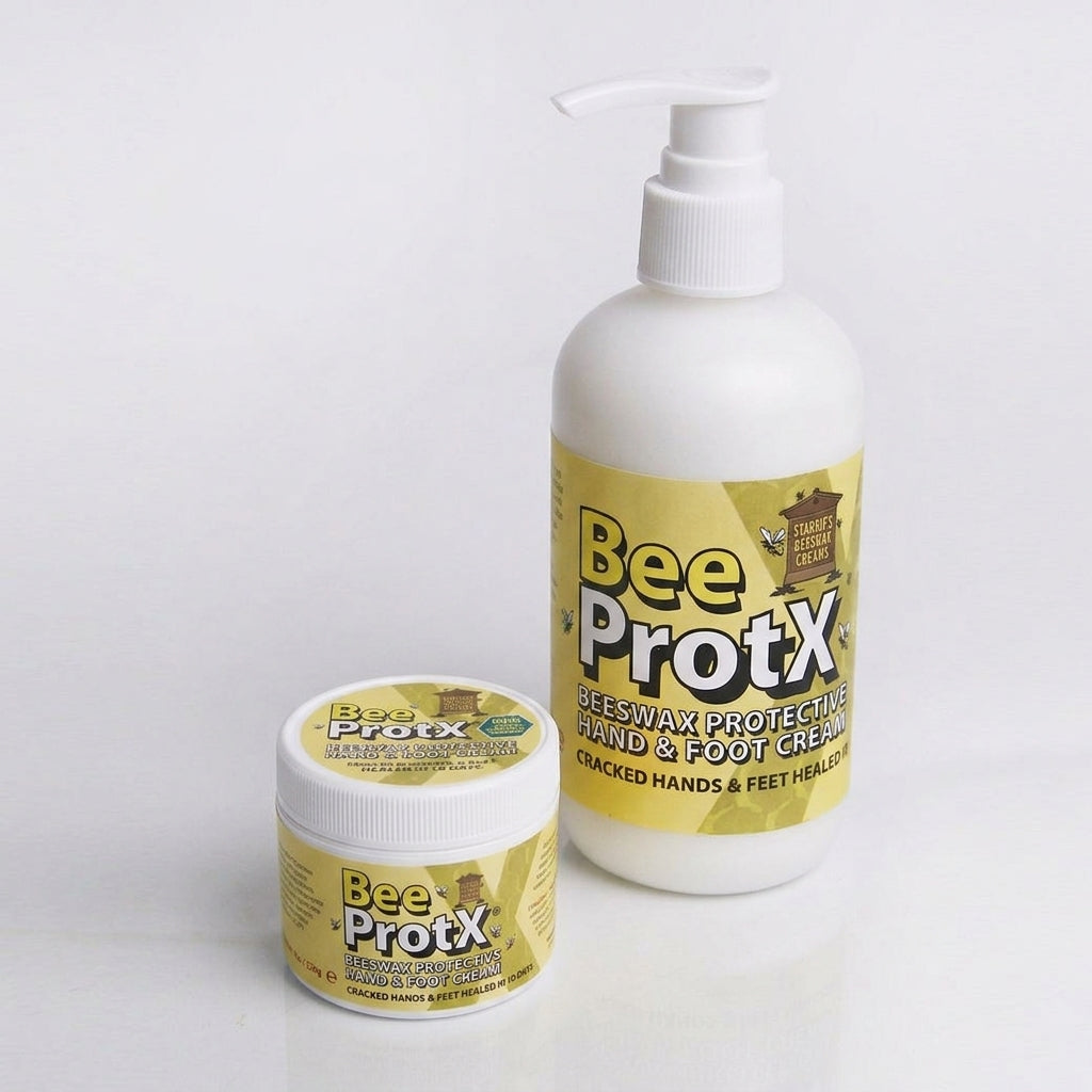 A white pump bottle and a small white tub of BeeProtX Beeswax Protective Hand & Foot Cream on a clean white background.