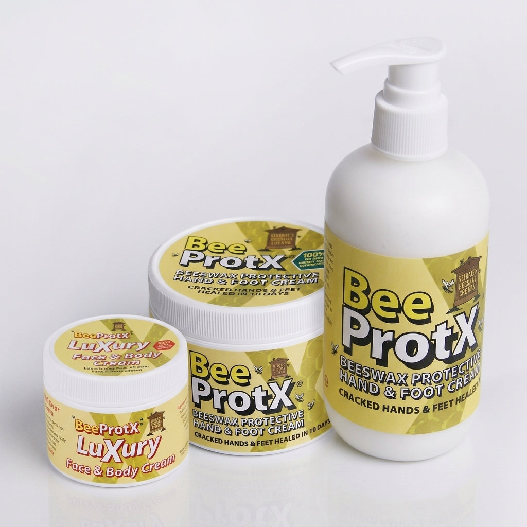Three white containers of BeeProtX beeswax protective hand and foot cream and face and body cream arranged on a clean white background, including a large pump bottle and two smaller tubs.
