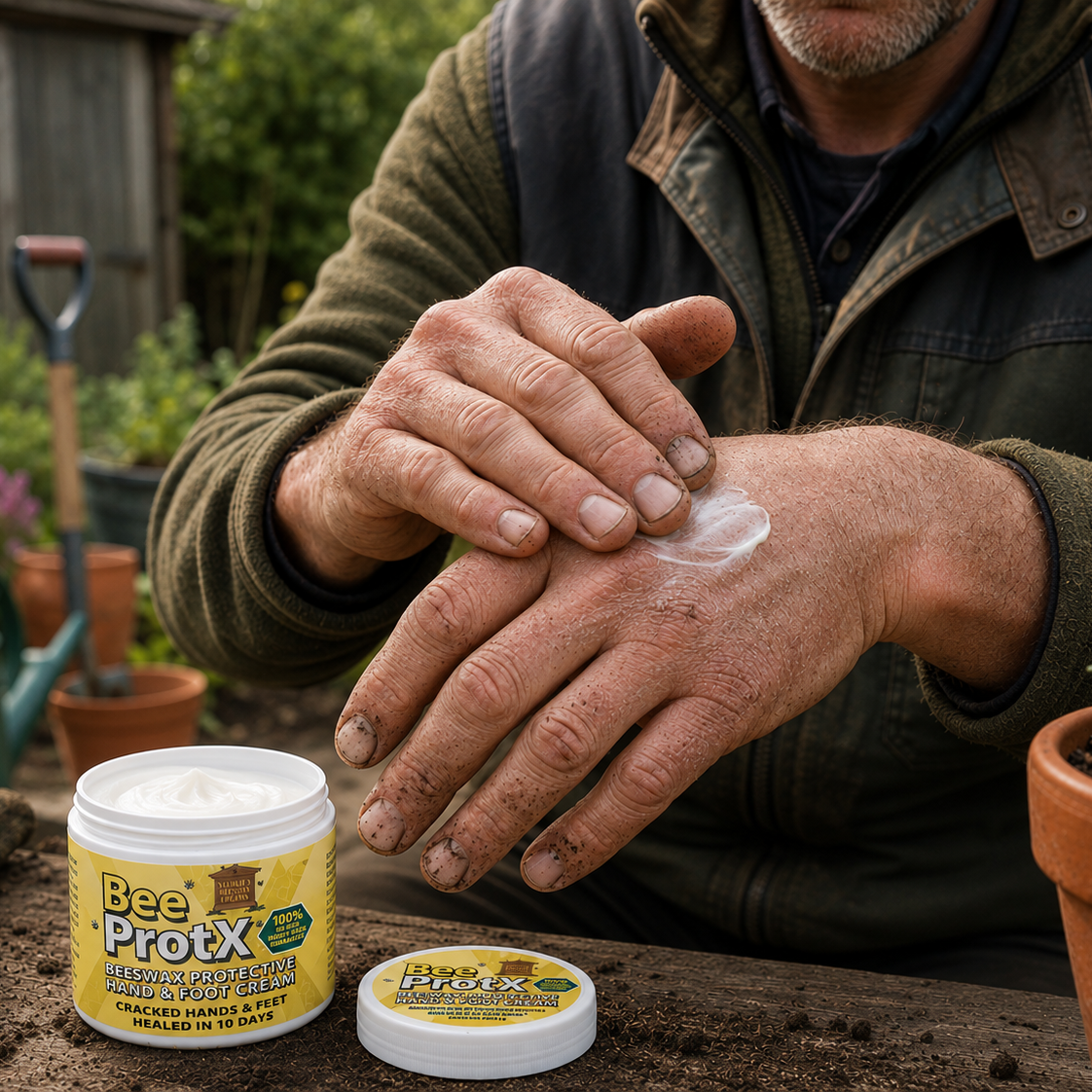 A man outdoors applies a white cream from a jar labeled BeeProtX Hand & Foot Cream to his hand, with gardening tools and plants visible in the background.