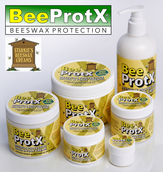 BeeProtX beeswax protection products including jars and a pump bottle on a white background.