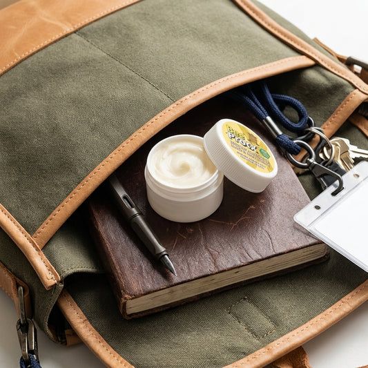 An olive green canvas and leather shoulder bag shown open, with a brown notebook, pen, BeeProtX Beeswax Cream jar, keys, and lanyard arranged inside. No person or real environment is visible, so this is Product/Packaging rather than Lifestyle.