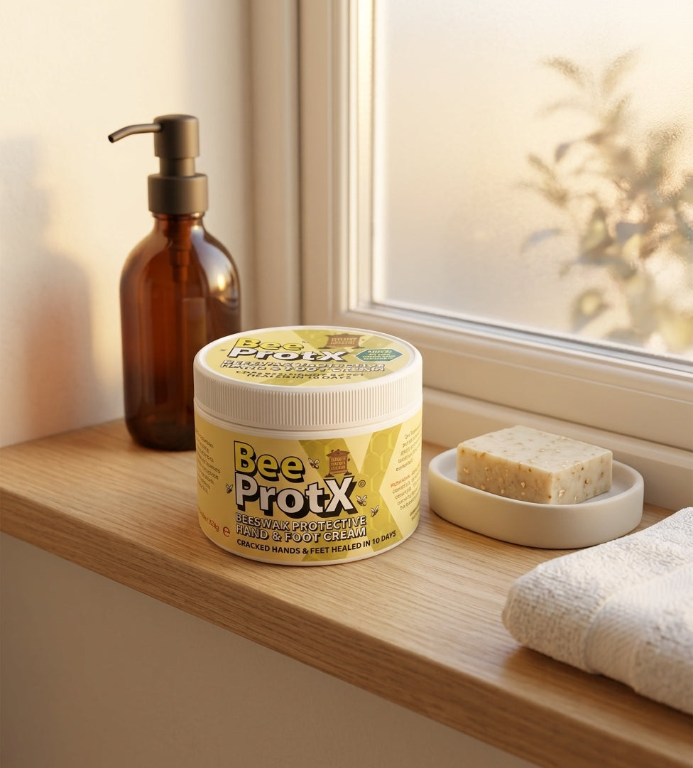A jar of BeeProtX Beeswax Hand & Foot Cream sits on a wooden windowsill next to an amber pump bottle, a bar of soap in a dish, and a folded towel.