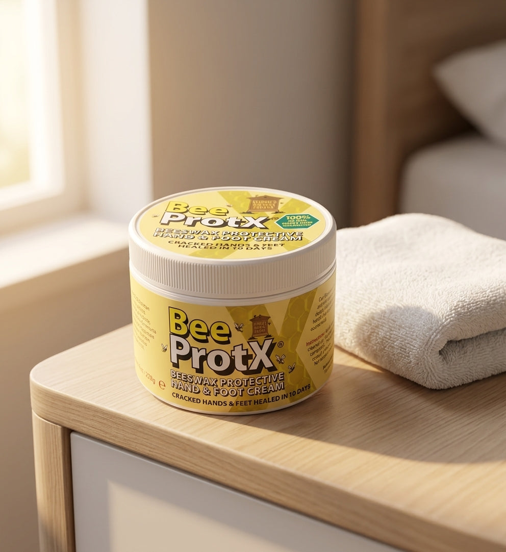 A jar of BeeProtX Protective Hand & Foot Cream sits on a light wood bedside table next to a folded white towel, with a softly blurred bedroom background.