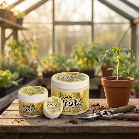 Three jars of BeeProtX Hand & Foot Cream displayed on a wooden table inside a greenhouse, surrounded by potted plants and gardening tools.