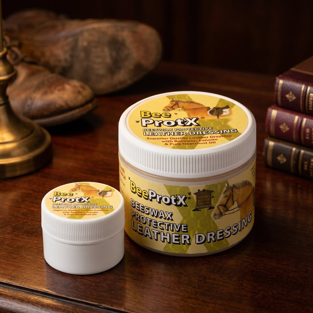 Two tubs of BeeProtX Beeswax Protective Leather Dressing displayed on a dark wooden table, with a brass lamp base and vintage books in the background.