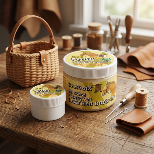 Two tubs of BeeProtX Beeswax Protective Leather Dressing displayed on a rustic wooden workbench alongside leatherworking tools, a small woven basket, leather pieces, and thread.