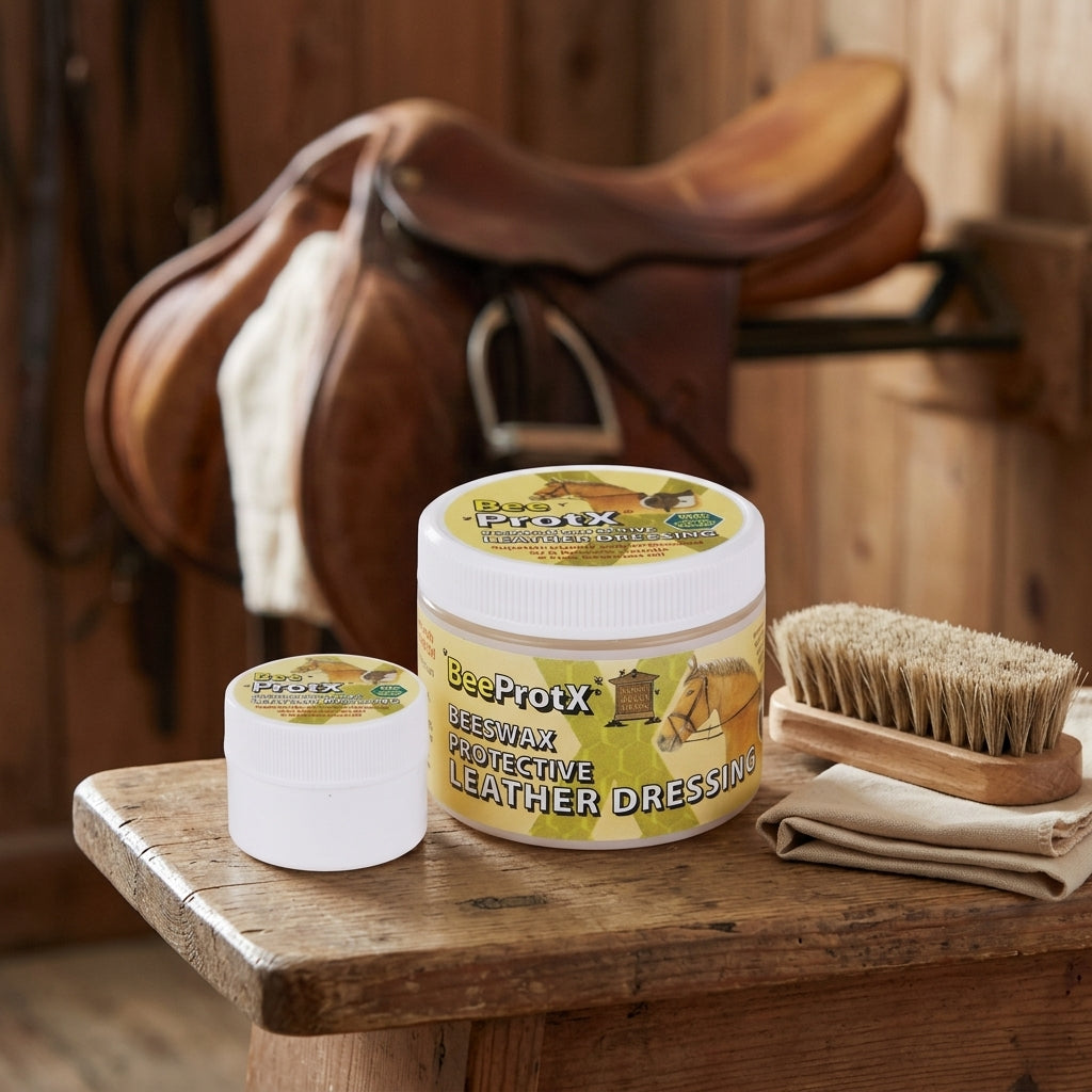 A large and small tub of BeeProtX Beewax Protective Leather Dressing displayed on a rustic wooden table, with a leather saddle and brush in the background.