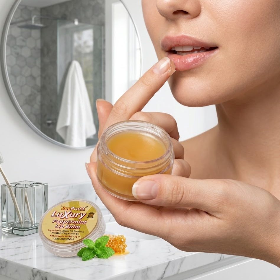 A close-up of a woman applying BeeProtX lip balm from a small clear jar to her lips in a bright bathroom setting. The jar and its lid are shown on a marble counter, with a round mirror and toiletries in the background.