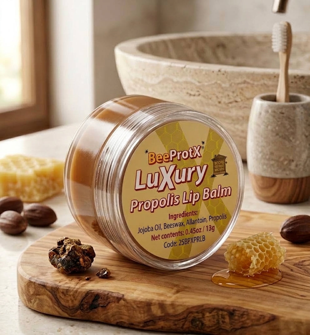 A jar of BeeProtX Luxury Propolis Lip Balm sits on a wooden cutting board with honeycomb, beeswax, and propolis pieces in a warm, rustic bathroom setting.