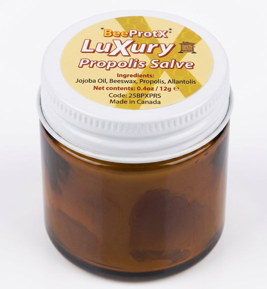 An amber glass jar of BeeProtX Luxury Propolis Salve with a white screw cap and a yellow label, shown on a white background.
