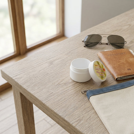 A styled tabletop scene with a small white cosmetic jar and its lid beside a tan passport holder, sunglasses, and a canvas pouch, placed on a light wood table near a window.