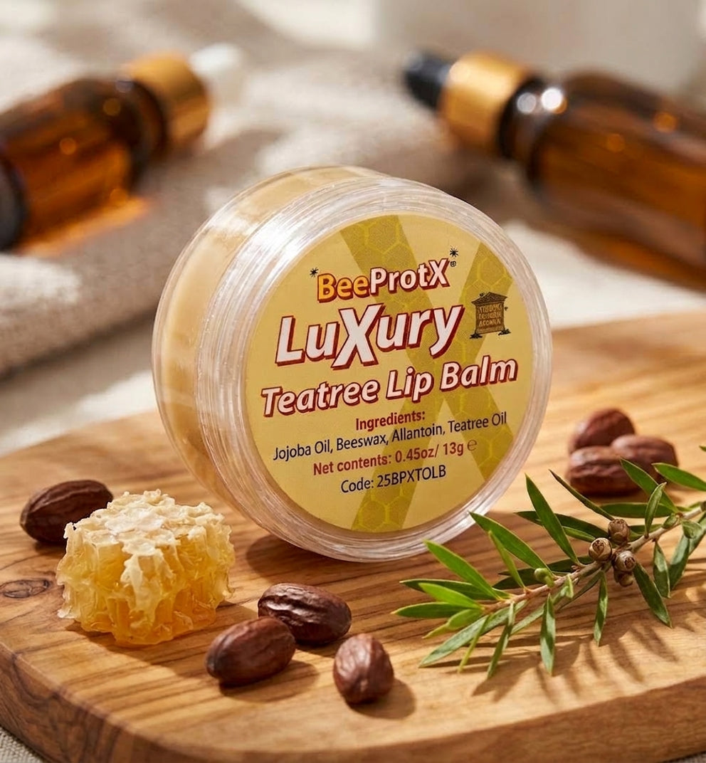 A round jar of BeeProtX Luxury Tea tree Lip Balm sits on a wooden board with honeycomb, almonds, and green tea tree leaves, with blurred amber bottles in the background.